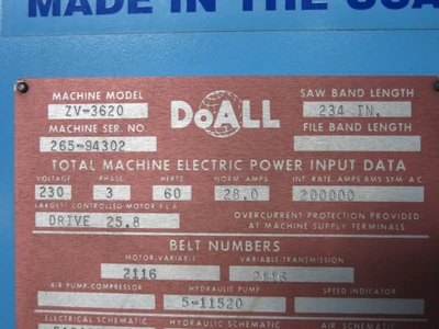 Doall Zephyr ZV-3620 High Velocity Bandsaw