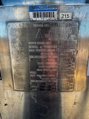 Tank, 181 Gallon, 316 Stainless Steel, Jacketed, Agitated, 32 PSI, Full Vacuum, #5991495