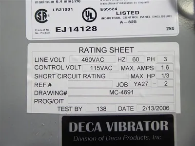 DECA Products Inc. MC-4691 Vibrator Control Box 460VAC 60Hz 3Ph 1.6A 1/3 HP Used