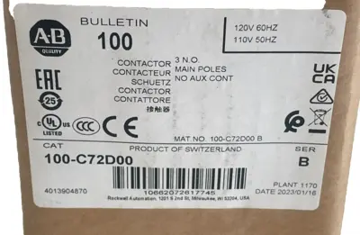 ALLEN BRADLEY 100-C72D00 CONTACTOR SER. B 100C72D00 NEW, SURPLUS
