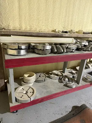 Wooden Rolling 2 Tier Shop Table With Various Aluminum Pie Jaws