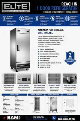 Elite Stainless Steel Reach In 1 Door Refrigerator