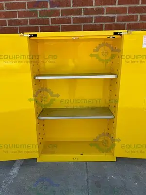USED JUSTRITE 45 GALLON FLAMMABLE LIQUID STORAGE CABINET W/ SOFT CLOSE DOORS, KEY