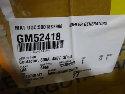 800A Kohler GM52418 Transfer Switch Contactor 68WU-3FD-480 480V 3 Pole New NIB