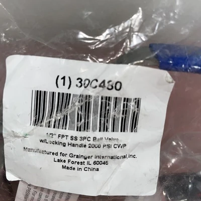 Midwest Control CF8M SS Ball Valve,FPT 1/2" SS 3pc W/Locking Handle New Sealed