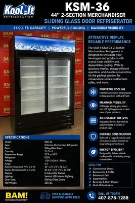 Kool-It KSM-36 44” 2-Section Merchandiser Refrigerator with Sliding Glass Door, 31 cu. ft.Kool-It KSM-36 44” 2-Section Merchandiser Refrigerator with Sliding Glass Door, 31 cu. ft.