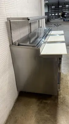 Used Kairak Used 91" Kairak KBP-91S 3 Door Refrigerated Stainless Steel Prep Table - 115V - JJ - 2 Food Prep Tables Illinois US | Falcon Restaurant Supply #1373526