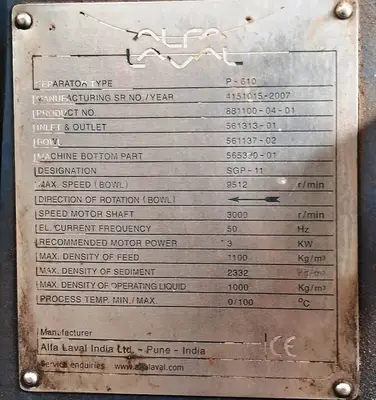 (6) Alfa-Laval P-610 SGP-11 lube oil purifiers, SS.