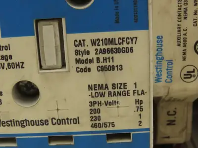 Westinghouse Control W210MLCFCY7 Advantage Reversing Contactor Assy 3Ph 2Hp