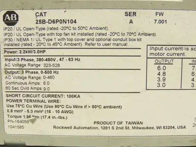 Allen Bradley 25B-D6P0N104 Powerflex 525 3Hp VFD AC Drive 480V 50/60Hz FW 7.001