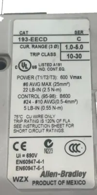 USED ALLEN BRADLEY 193-EECD OVERLOAD RELAY SER. C 193EECD