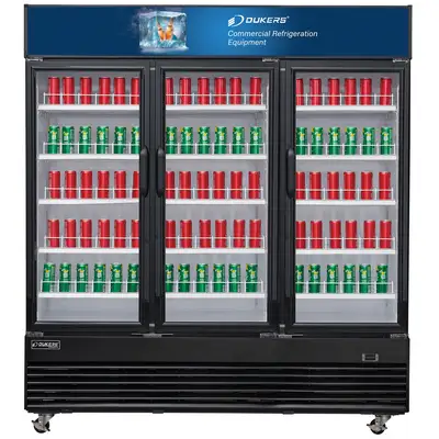 New | in-Stock Dukers New Dukers DSM-69R Commercial Glass Swing 3-Door Merchandising Reach-in Cooler Refrigerator Display Refrigerators Illinois US | Falcon Restaurant Supply #1376358