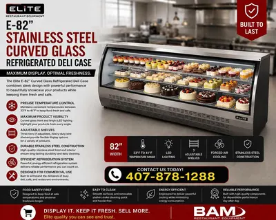 Elite - E- 82" Stainless Steal Curved Glass Refrigerated Deli Case