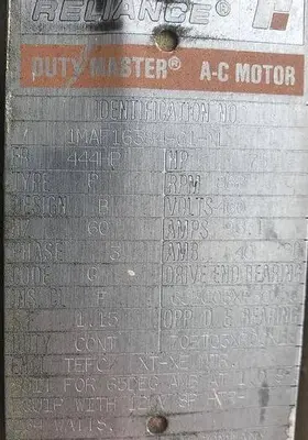 Reliance Electric 75 HP Motor – 888 RPM, 444HP Frame