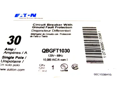 NEW EATON QBGFT1030 CIRCUIT BREAKER 120V-60HZ