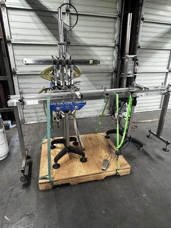 Used INLINE FILLING SYSTEMS 4 HEAD SEMI-AUTOMATIC FILLER FOFBT-4 Overflow Pressure Gravity Liquid Fillers Oregon US | Ager Tank & Equipment Co. #1256626