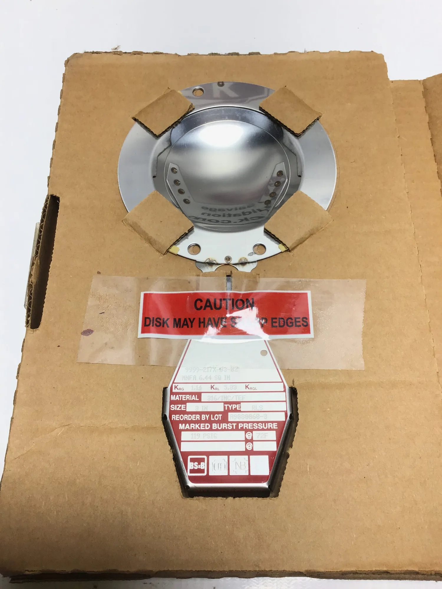BS&B Safety System A9080068-3 Rupture Disk 3″ Type RLS 119 PSIG @72F