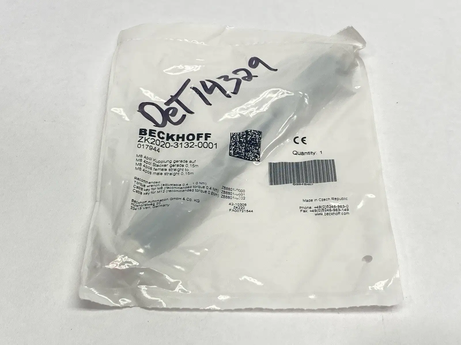 ZK2020-3132-0001, 017944 | Beckhoff ZK2020-3132-0001 Power Cable M/F M8 4-Pin 0.15M 017944 - New
