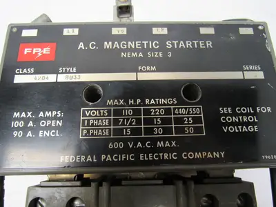 Federal Pacific Class 4204 Style BU33 Series B Size 3 Magnetic Starter600V 50 HP