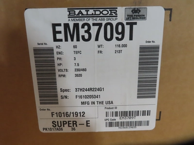 7.5 hp Baldor Electric Motor, new surplus, RPM 3520, Frame 213T, Cat. no. EM3709T, qty.2