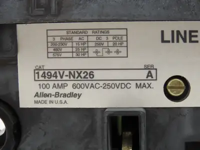 Allen Bradley 1494V-NX26 3-Pole Fusible Disconnect Switch 100A 600VAC Ser A