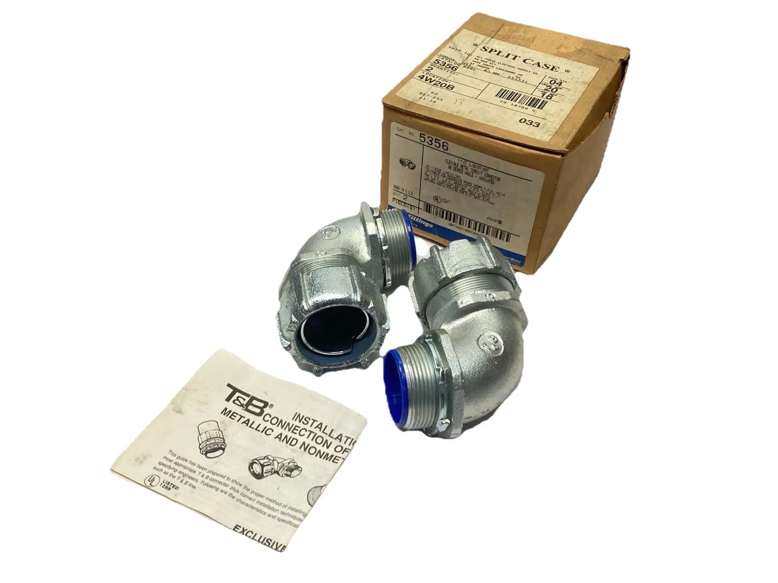 USED T&B FITTINGS LIQUIDTIGHT 90 DEGREE ANGLE CONDUIT CONNECTOR 1-1/2" LOT OF 2