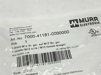 7000-41181-0000000 | Murr Elektronik  T-Coupler M12 Male / M12 Female 5-Pin - New