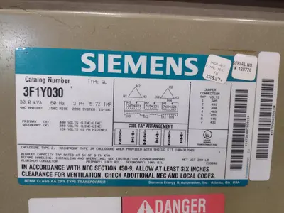 30 KVA SIEMANS MODEL #3F1Y030 480 V - 240V ELECTRIC TRANSFORMER: STOCK #23298
