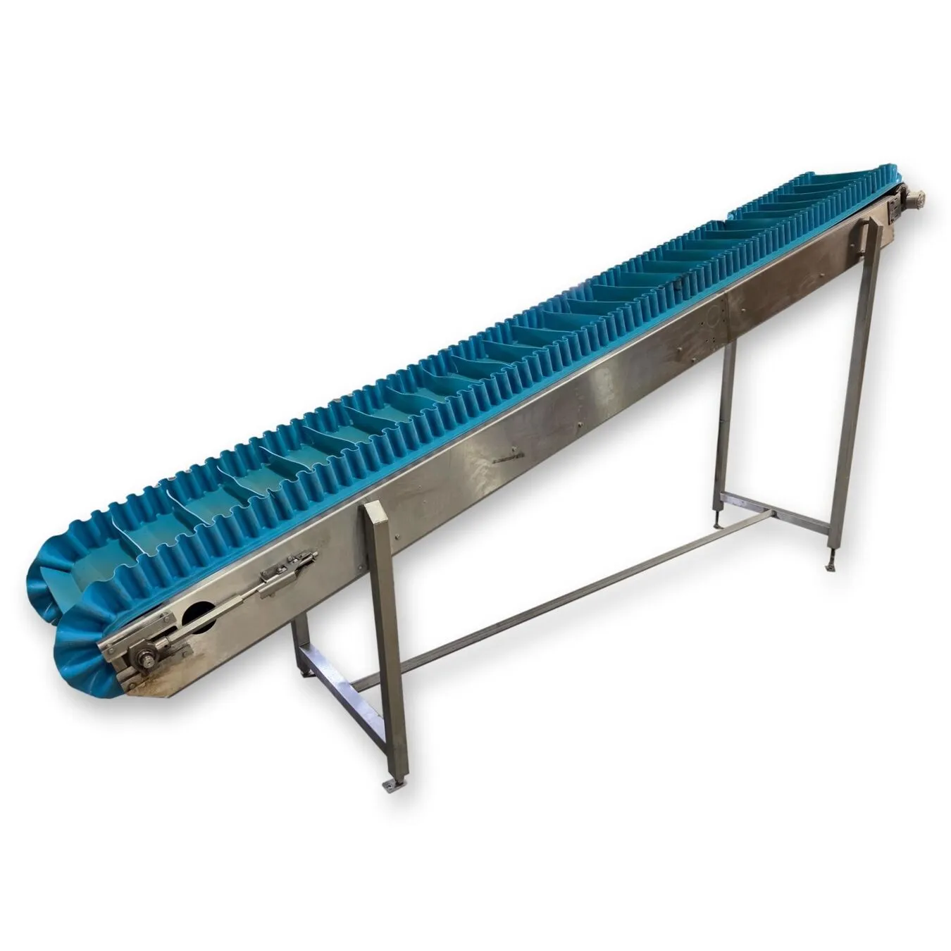 Used Stainless Steel Cleated Slider Bed Incline Belt Conveyor - 15"W X 13.5' L