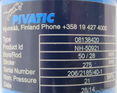 NEW PIVATIC NH-50921 CYLINDER NH50921 08138420 BORE/ROD 50/28MM STROKE 275MM