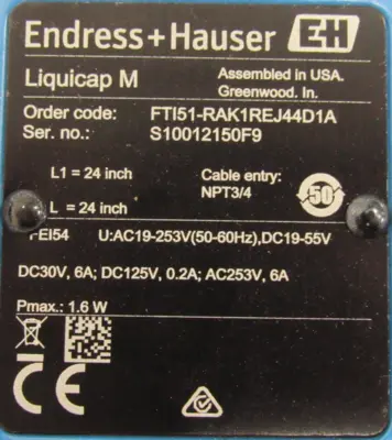 NEW ENDRESS+HAUSER FTI51-RAK1REJ44D1A LEVEL TRANSMITTER 24" FTI51RAK1REJ44D1A