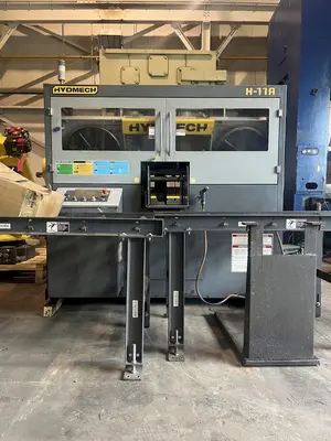 Hyd-Mech Model H-11A Horizontal programmable Automatic saw, 11" x 13" capacity, roller conveyor TS-50 controller. 2015'