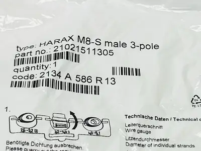 HARAX M8-S Male 3-Pole,21021511305 | Harting HARAX M8-S Male 3-Pole Circular Connector M8 21021511305 - New