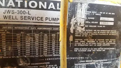 USED NATIONAL JWS-300L 4X5 TRIPLEX WELL SERVICING REVERSING MUD PUMP PACKAGE