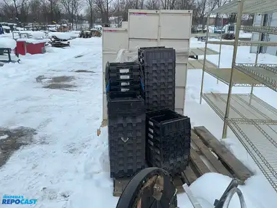 Skid lot of plastic closable storage containers approx. 11”x11”x7”