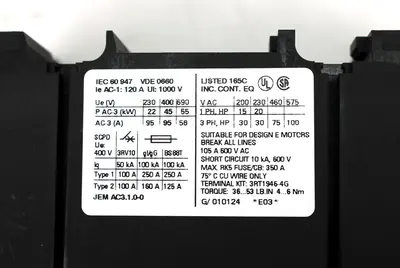 Siemens 3RT1046-1BB44 Power Contactor, 75 HP, 400V, 45kW