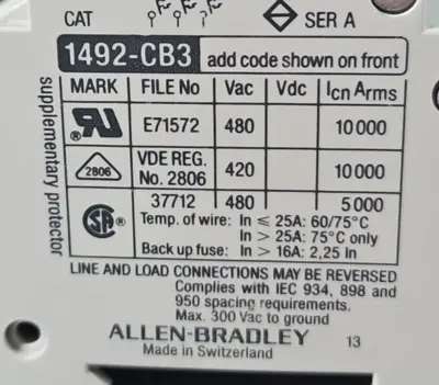 Allen-Bradley 1492-CB3G040 Series A 3P Circuit Breaker loc4A13