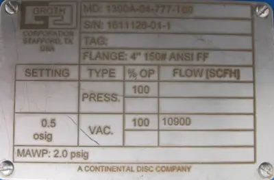 NEW GROTH 1300A-04-777-T00 VACUUM SAFETY VALVE 4" 1300A04777T00