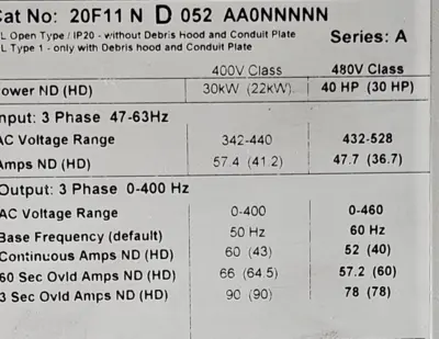 Allen Bradley 20F11D052AA0NNNNN Ser A Powerflex 753 (BIN365)
