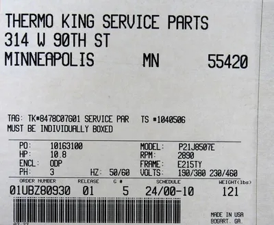NEW THERMO KING 104-506 MOTOR 01UBZ8093001C5FC P21J8507E 230/460V 13HP 3500 RPM