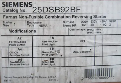 NEW SIEMENS 25DSB92BF COMBINATION REVERSING STARTER SIZE 1