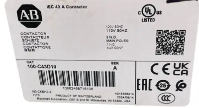 ALLEN BRADLEY 100-C43D10 CONTACTOR SER. A 100C43D10 NEW, SURPLUS
