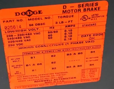 NEW DODGE DBSC-3 LESS HUB D-SERIES MOTOR BRAKE 025614, DBSC3