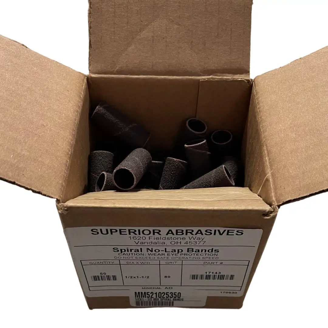 Superior Abrasives 1/2" x 1-1/2" Spiral Bands No-Lap Aluminum Oxide 80 Grit 50pk