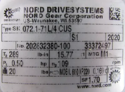 NEW NORD SK71L/4 CUS GEAR MOTOR SK072.1-71L/4 CUS 15.77:1 SK71L4CUS