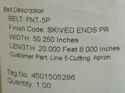 NEW HABASIT FNT-5P CONVEYOR BELT 50" WIDE 20'6" LENGTH SKIVED ENDS