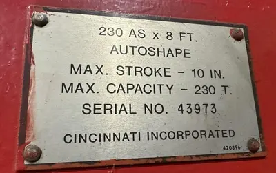 230 TON X 10' CINCINNATI MODEL #230-8AS HYDRAULIC CNC PRESS BRAKE W/ UPGRADED CONTROLS: STOCK #19386
