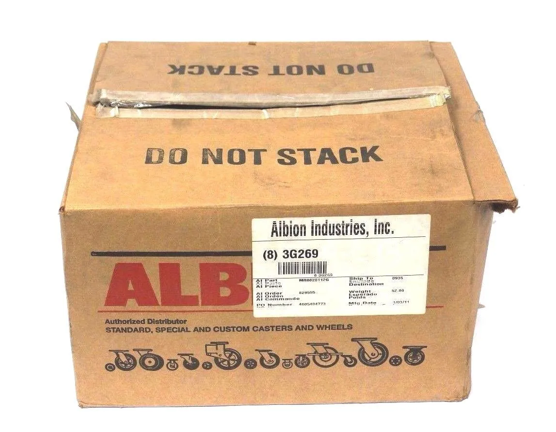 LOT OF 6 NEW ALBION 3G269 CASTER WHEELS 8'', 2 IN. WIDE, 600LB, 1/2'' AXLE