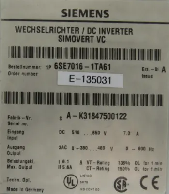 USED SIEMENS 6SE7016-1TA61 DC INVERTER 6SE70161TA61 (SEE DESCRIPTION).