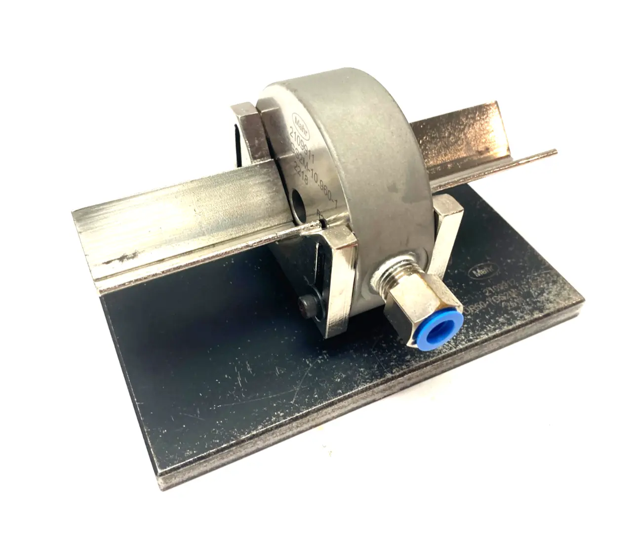 USED MAHR DIMENSIONAIR 2-JET AIR RING GAUGE W/ GUIDE CHUTES & BASE PLATE